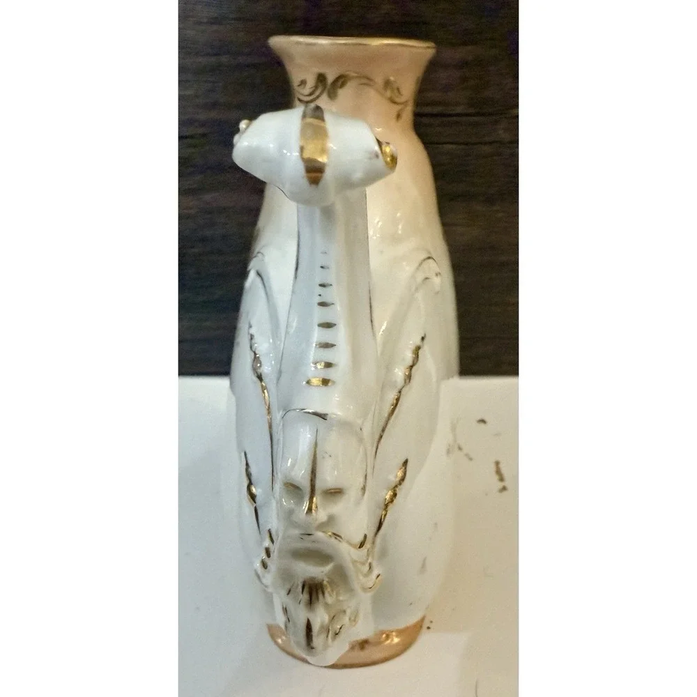 Antique Porcelain Mantel Vase Ram Head Handles Hand Painted Roses Gold Gilt